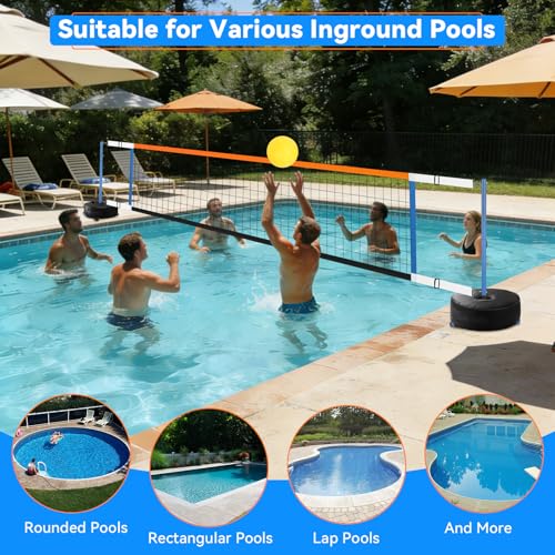 Pool Volleyball Net, Swimming Pool Volleyball Net with LED Light, 15-32FT Adjustable Length for All Pools, Portable 2 Water Volleyball & Pump for Family Pool Party Game Indoor/Outdoor
