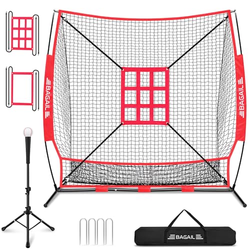 BAGAIL 7x7 ft Extra Large Baseball & Softball Training Net with Batting Tee, Heavy Duty Reinforced Steel Frame, Oversized Hitting Zone for All Levels, Portable Backstop with Carry Bag - color: Red, style: Full Mouth Version