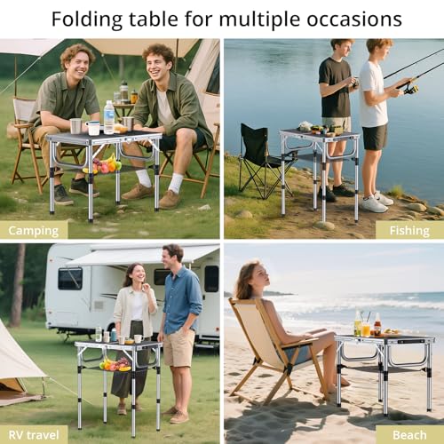 Folding Camping Table, Aluminum 24" x 16" Adjustable Height Small Folding Table with Carrying Handle, Lightweight, Portable Camping Table Waterproof for Outdoor Indoor Picnic Beach BBQ (Black)