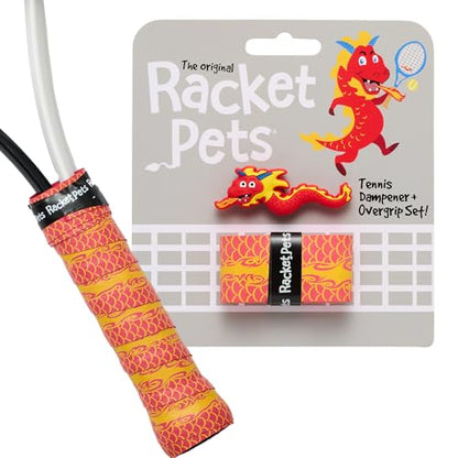 Racket Pets Kids Tennis Racket Dampener & Matching Overgrip Tape, Performance Shock Absorbing Dampener for Tennis Racket & Fun Animal Print Tennis Wrap Grip Tape - style: Dragon