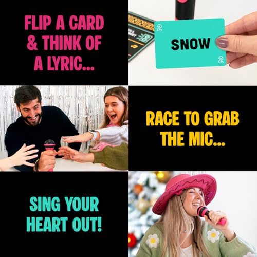 Lucky Egg Official Grab The Mic – Family Karaoke Board Game w/Foam Mic, 8+ Ages, 2-10 Players - Games for Bad Singers w/ 230 Lyrics (115 Cards)