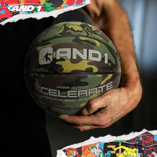 AND1 Xcelerate Rubber Basketball: Official Regulation Streetball, Made for Indoor/Outdoor Games - color: Green Camo, style: Basketball w/ Pump