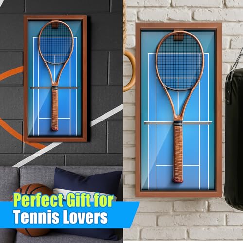 Chunful Wooden Tennis Racket Display Frame Wall Mounted Tennis Racket Storage Rack Display Stand with Walnut Base Copper, 31.5 x 15.8 Inch