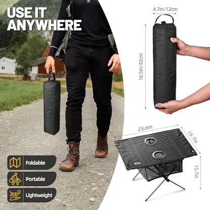 Portable Camping Table Folding, Small Beach Table Foldable with Drink Holder & Mesh Storage & Carry Bag Compact Camp Tent Side Table for Picnic Tailgate Travel Outdoor Fishing Backpacking