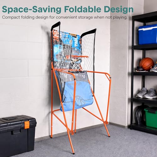 SereneLife Dual Shot Basketball Arcade Game with Electronic Scorer, 8 Game Modes, Indoor Outdoor 2 Player Basketball Shooting Game, Foldable Arcade Set with 5 Balls and Pump - style: Single Hoop