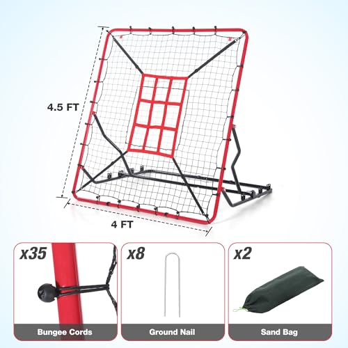 WARMOUNTS Baseball Rebounder Net, 4 x 4.5 FT Pitch back with 4 Adjustable Angles & 2 Strike Zones, Pitching & Fielding Trainer for Softball bounce back, Heavy-Duty Baseball Rebounder for Youth & Adult