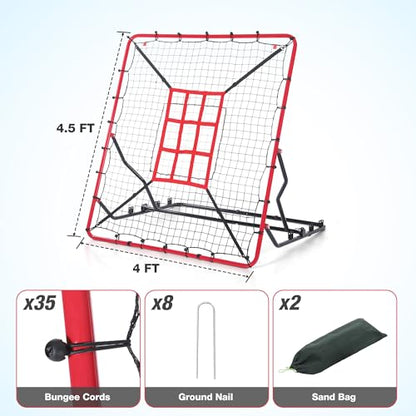WARMOUNTS Baseball Rebounder Net, 4 x 4.5 FT Pitch back with 4 Adjustable Angles & 2 Strike Zones, Pitching & Fielding Trainer for Softball bounce back, Heavy-Duty Baseball Rebounder for Youth & Adult