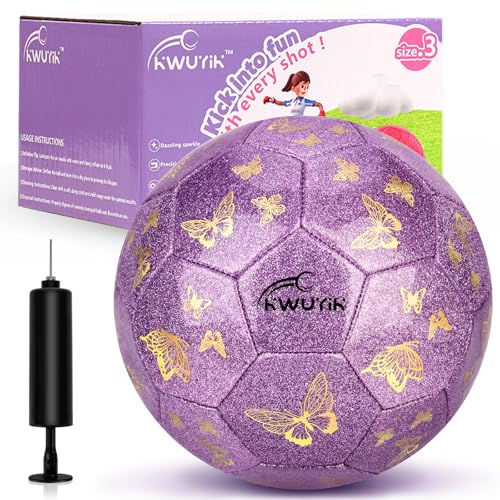 Soccer Ball Size 3 4 Purple Pink Glitter Butterfly Football for Kids Sparkle Gift for Boys Girls Toddlers Aged 3-8 8-12 Easter Birthday Present for Youth Kids Indoor Outdoor Practice - color: Purple Glitter Butterfly, size: size 3