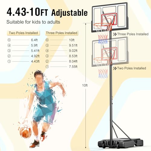 TONBUX Adjustable Basketball Hoop Outdoor 10FT, Basketball Portable Hoops & Goals, 44 Inch Backboard, for Kids, Youth, and Adults in The Backyard, Driveway - style: Red
