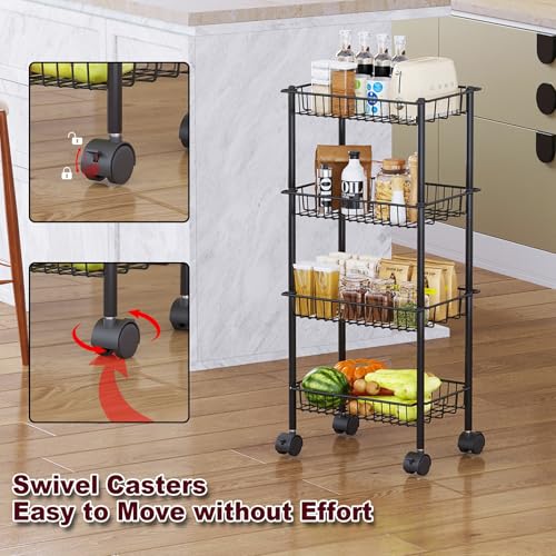 AWTATOS 4-Tier Rolling Cart, Storage Cart with Removable Baskets, Metal Utility Cart with Wheels, for Kitchen, Bathroom, Office, Laundry Room, Black (Patent)