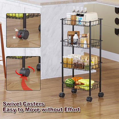 AWTATOS 4-Tier Rolling Cart, Storage Cart with Removable Baskets, Metal Utility Cart with Wheels, for Kitchen, Bathroom, Office, Laundry Room, Black (Patent)