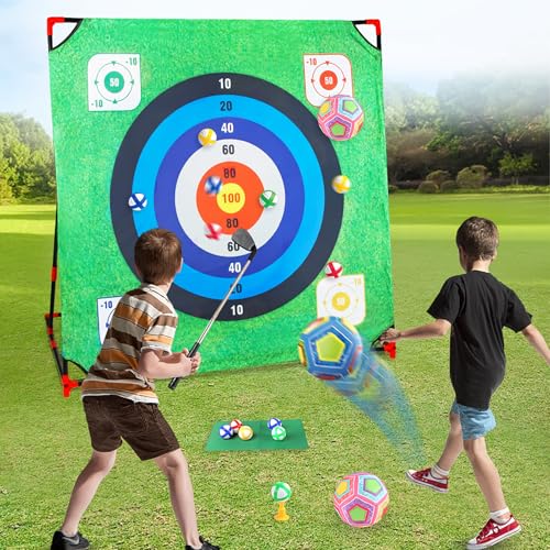 Golf Chipping Game with Stand: 4 in 1 Battle Golf Target Game Set with 16 Sticky Balls, 8 Bean Bags, 2 Soccer Balls, 6 Axes, Indoor Outdoor Yard Games Chipping Practice Mat for Dads Golfers