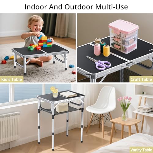 Folding Camping Table, Aluminum 24" x 16" Adjustable Height Small Folding Table with Carrying Handle, Lightweight, Portable Camping Table Waterproof for Outdoor Indoor Picnic Beach BBQ (Black)