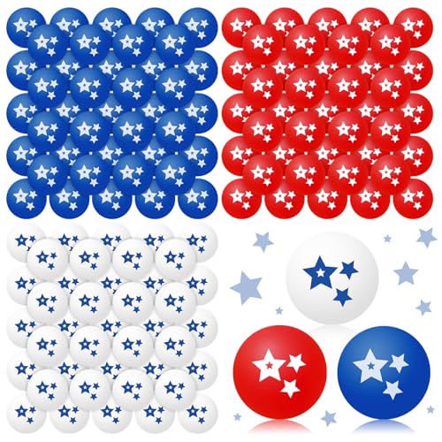 JarThenaAMCS 36 Pcs Patriotic Table Tennis Balls Ping Pong Ball 40mm Red White Blue Star Training Balls for 250th Anniversary 4th of July Independence Day Indoor Outdoor Activities Play