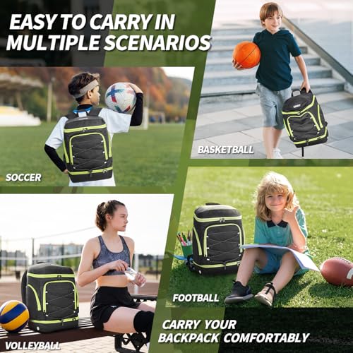 Soccer Bag - Soccer Backpack with Ball Holder,Sport Equipment Bags gifts for soccer stuff Water resistant Includes Separate Cleat Fit Basketball Volleyball Football - color: sport soccer bag 2025 BLACK GREEN