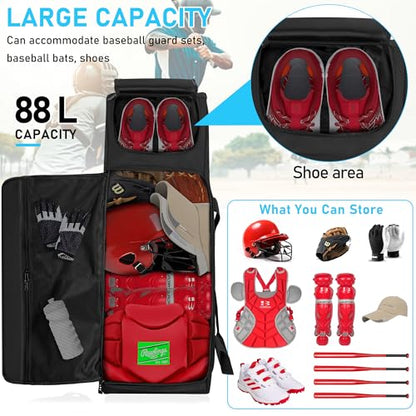 Large Rolling Baseball Bag with Wheels,Softball Catcher Gear Bag for 4 Bats with Fence Hooks ,Portable Roller Baseball Bag with Separate Shoe Space,Baseball Equipment Bag Holds Bat, Helmet and More