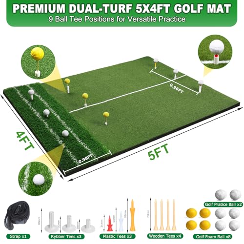 Golf Hitting Mat,Golf Mat for Practice Indoor/Outdoor, High-Elasticity Artificial Turf Mat, Portable Golf Swing Training Mat for Garage Simulator Chipping Driving Training - size: 5x4FT-22MM, style: 5x4ft Golf Dual Mat