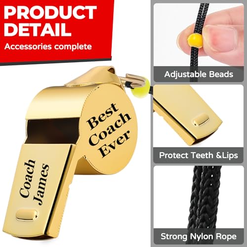 Personalized Whistle for Coach, Silver Whistle Personalized with Lanyard, Appreciation Gift for Referee, Coach, Teacher - color: Gold