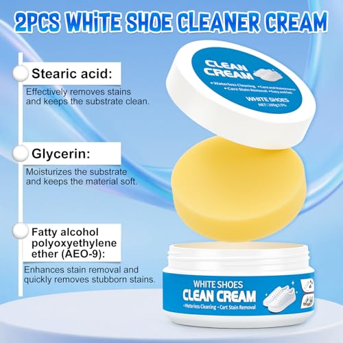 2PCS White Shoe Cleaning Cream, Multipurpose No-Wash Solid Paste with Sponge,Multipurpose White Shoes Clean Cream, Shoes Cleaner for Leather Sneakers Soles