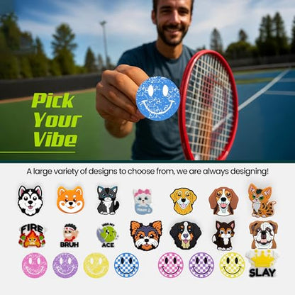 Tennis Racket Dampener - Glitter Smiley Face Designs - Vibration & Noise-Reducing Tennis Shock Absorber for Racquets - Secure, Easy-Install Accessories for Players of All Levels - style: Blue