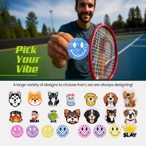 Tennis Racket Dampener - Glitter Smiley Face Designs - Vibration & Noise-Reducing Tennis Shock Absorber for Racquets - Secure, Easy-Install Accessories for Players of All Levels - style: Blue