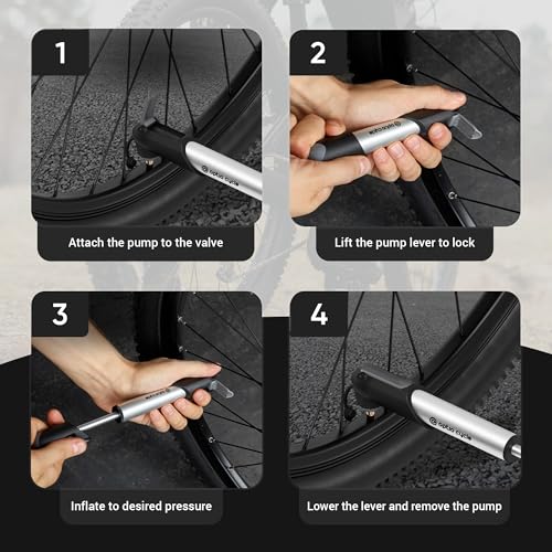 Mini Bike Pump 120 PSI / 8.3 Bar – Compact Portable Frame-Mounted Bicycle Hand Air Pump for Presta and Schrader Valve | Small Manual Tire Tool for Road, Track, Mountain Bike, BMX, Ebike - color: Silver