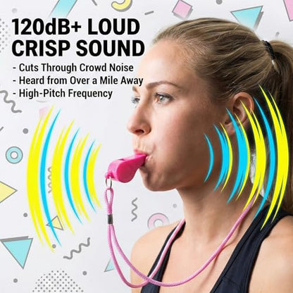 2 PCS Plastic Whistle for Coaches, Pink and Black Sports Whistle with Lanyard Plastic Sports Whistles Loud Crisp Sound Whistles with Mouth Grip for Outdoor Sport Referees Officials Emergency Survival