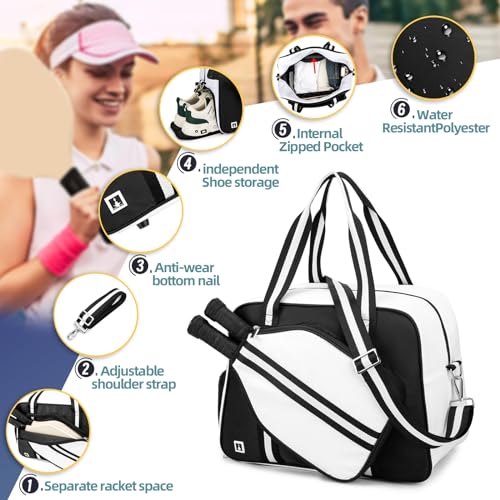 ROYALFAIR Pickleball Tote Bag for Women Men Large Capacity with Paddle Cover Pocket Internal Shoe Pocket and Adjustable Shoulder strap - color: Black