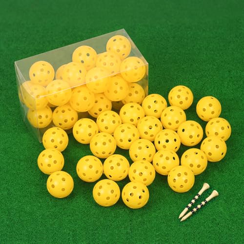 26 Pack Practice Golf Balls, 41mm Hollow Airflow Plastic Golf Balls with Golf Tees, for Indoor Outdoor Driving Range Backyard Swing Practice - color: Yellow