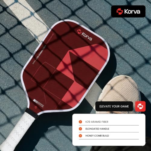 Korva Pickleball Paddle | 16mm Aramid Fiber Face, Elongated Shape, Polypropylene Honeycomb Core | Pickle Ball Paddle for Power, Spin & Control | Lightweight Performance Paddle, Red