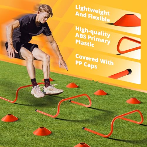 Yes4All Agility Ladder Speed Training Equipment Set - 1 Adjustable Agility Ladder, 12 Soccer Cones, 5 Hurdles, Jump Rope, Running Parachute - Speed & Agility Training Equipment for All Ages - color: B. Set Orange