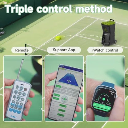 Tennis Ball Machine, Tennis Ball Launcher with App/Remote/iWatch Control, Max Speed of 75Mph, 1.8-8s/Ball, Multiple Training Modes(AI Drill/Programming/Random/Vary Speed) 4-6Hrs Battery Life - color: Black