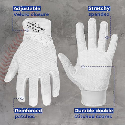 HANDLANDY Baseball Batting Gloves for Adult Youth, Grip Breathable Softball Batting Gloves Fit Men Kids Boys Girls - color: White-Adult, size: Adult Medium