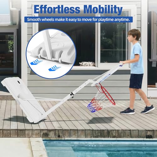 Swimming Pool Basketball Hoop with Shatterproof Backboard, Height Adjustable Basketball Hoop for Pool (3-4 FT) with 50L Fillable Base, Portable Poolside Basketball Hoop Set with Ball & Air Pump