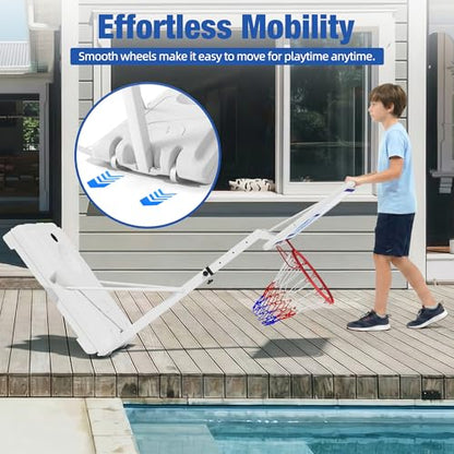 Swimming Pool Basketball Hoop with Shatterproof Backboard, Height Adjustable Basketball Hoop for Pool (3-4 FT) with 50L Fillable Base, Portable Poolside Basketball Hoop Set with Ball & Air Pump
