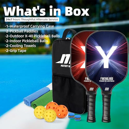 MASTERY MART Fiberglass Pickleball Paddles, Lightweight, 2 Paddles & 4 Balls & 2 Towels & 2 Grip Tape & Portable Bag, Family & Friends