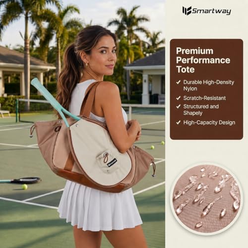 Smartway Pickleball Tote Bag for Women, Stylish Tennis Bag with Detachable Paddle Pocket, Waterproof Large Capacity Court Shoulder Bag for Gym, Daily & Weekend Trips, Men Ideal Pickleball Gifts - color: Brown