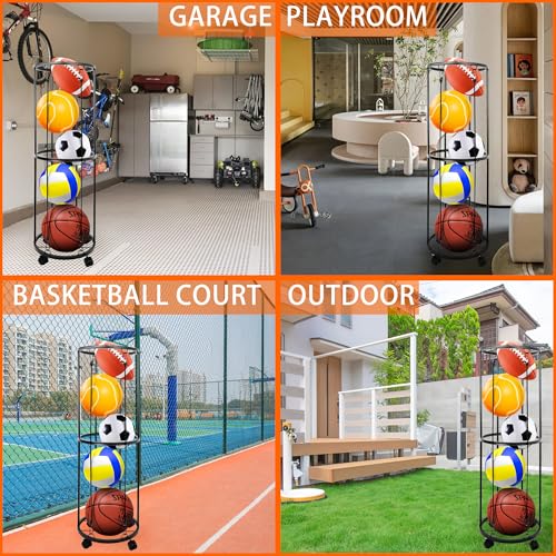 Garage Ball Storage Rack, Wall-Mounted Basketball Holder, Vertical Ball Rack for Soccer Volleyball Football Basketball, Space-Saving Sports Ball Storage Organizer for Garage & Home - size: 2 layer with Wheels