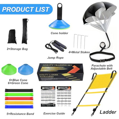 Speed Agility Training Equipment Set, Agility Ladder 20ft, 12 Football Cones, Resistance Parachute/Soccer Kick Trainer, Jump Rope, 5 Resistance Bands, Football Practice Equipment for Kids Adults - color: Set1 with Parachute