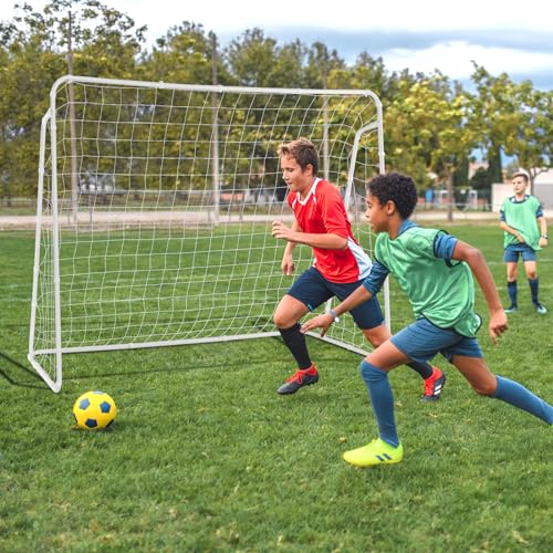 GYMAX Soccer Goal for Backyard, 7 x 5ft Soccer Net w/Heavy Duty Frame & Ground Stakes, Weather-Resistant Soccer Field Equipment for Kids Football Shooting Training, Easy to Setup