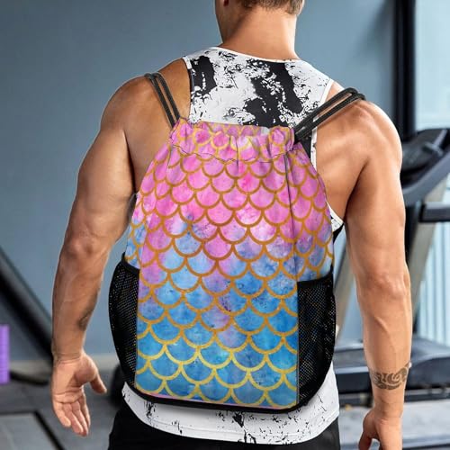Mermaid Drawstring Backpack Gym Bag With Shoe Compartment String Bag Sport Beach Swimming Sackpack For Women Men - color: Mermaid