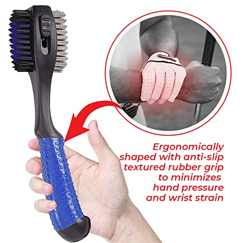 Retractable Golf Club Brush | Oversize Double Brush & Ergonomic Grip & Retractable Groove Cleaner & Lanyard - color: Blue