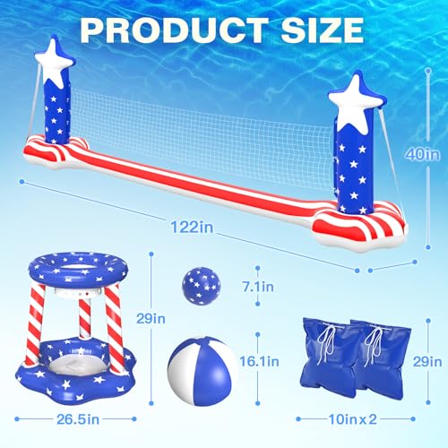 4th of July Pool Toys Games Set, 3 in 1 Inflatable Volleyball Net & Basketball Hoop, Large Water Floating Volleyball Toy Summer Party for Kids Teens Adults, American Flag 250th Anniversary