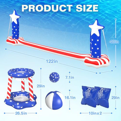4th of July Pool Toys Games Set, 3 in 1 Inflatable Volleyball Net & Basketball Hoop, Large Water Floating Volleyball Toy Summer Party for Kids Teens Adults, American Flag 250th Anniversary