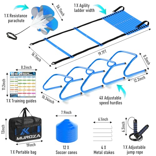 MUROZA Agility Ladder, Agility Speed Training Equipment Set, 20ft Speed Ladder, 12 Soccer Cones, 4 Hurdles, Jump Rope, Running Parachute, Soccer Football Basketball Training Equipment Accessories - color: Blue