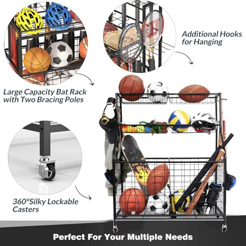 Sports Equipment Organizer Ball Storage Organizer Utility Racks with Wheels Baskets Hooks Standing Shelf Units Carts Garage Wagon Racks for Basketball Football Soccer Volleyball Baseball Bat Holder