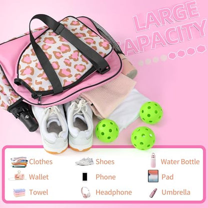 Boulder Bee Pickleball Bags, Premium Pickleball Tote Bag for Girls, Women’s Hand/Shoulder Gym Bag w Water Bottle Holder, with Pickleball Racquet/Paddle Holder - color: Leopard print-pink