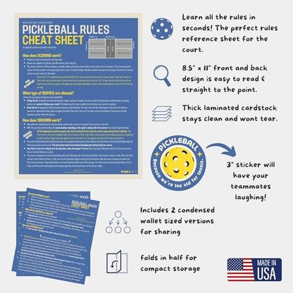 Pickleball Rules Cheat Sheet, The Perfect Courtside Reference, Made in USA, Includes Wallet Size and Sticker