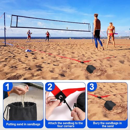 TOBWOLF Beach Volleyball Lines for Sand, Heavy Duty Volleyball Court Lines for Sand Beach Grass Backyard, 26.3' x 52.6' Portable Volleyball Boundary Lines with Metal Anchors & Sandbags