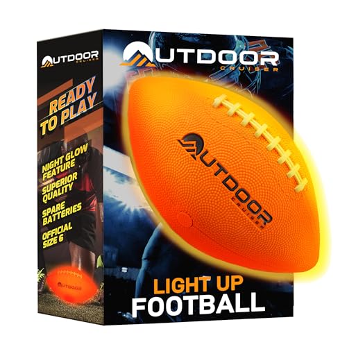 Outdoor Cruiser Light Up Football - Waterproof Rubber Construction, Glow in the Dark, Glows Up to 30 Hrs with Tap Activation, Complete Set with Pump & Spare Batteries, Official Size 6, for Ages 8-15